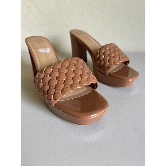 Rachel Zoe Gabrielle Light Brown Woven Patent Platform Shoes 4" Block Retro Mod - Picture 4 of 9